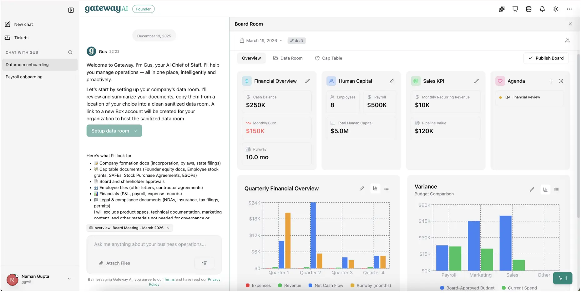 Gateway AI board room dashboard showing financial overview, KPIs, and quarterly performance